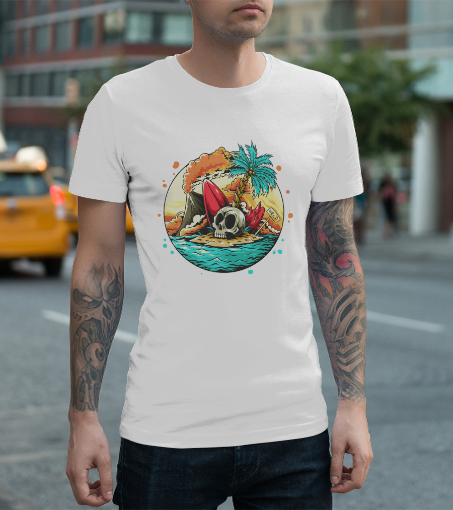Summer Skull Island Paradise with Palm and Volcano T-Shirt
