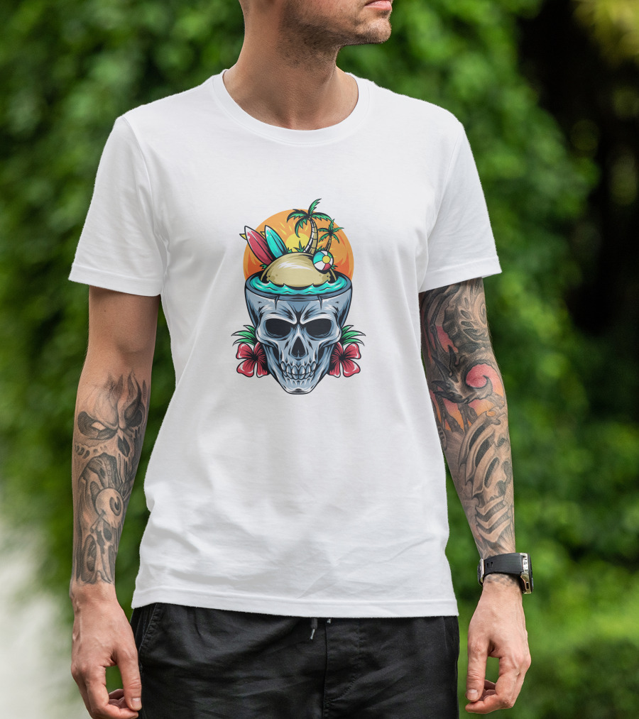 Summer Skull With Surfboards And Tropical Island T-Shirt