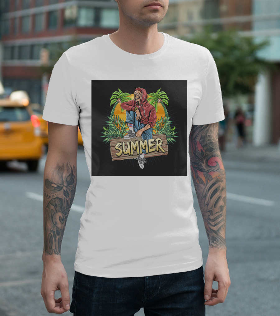 Skull Zombie Summer Tropical Vibes With Palm Trees And Sunset T-Shirt