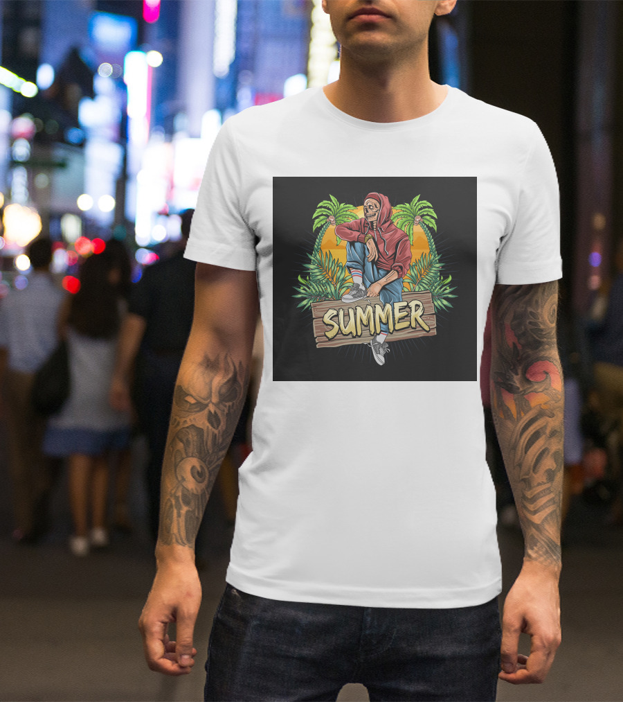 Skull Zombie Summer Tropical Vibes With Palm Trees And Sunset T-Shirt