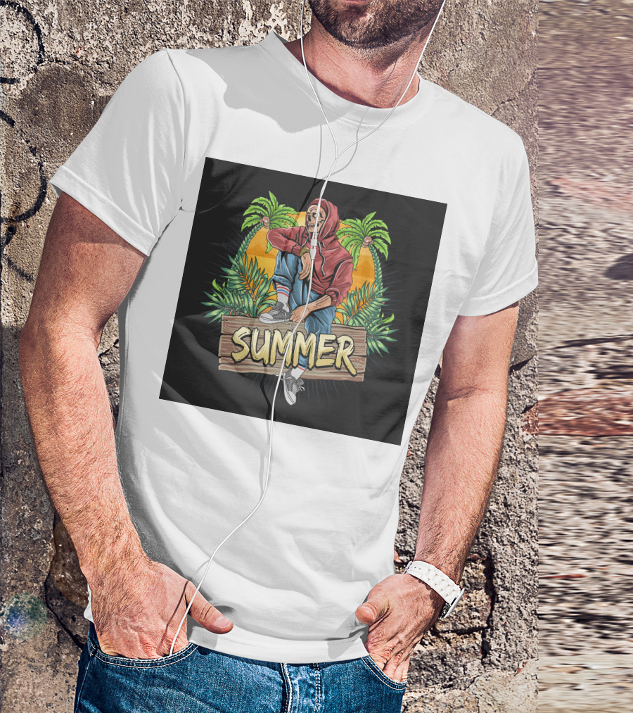 Skull Zombie Summer Tropical Vibes With Palm Trees And Sunset T-Shirt