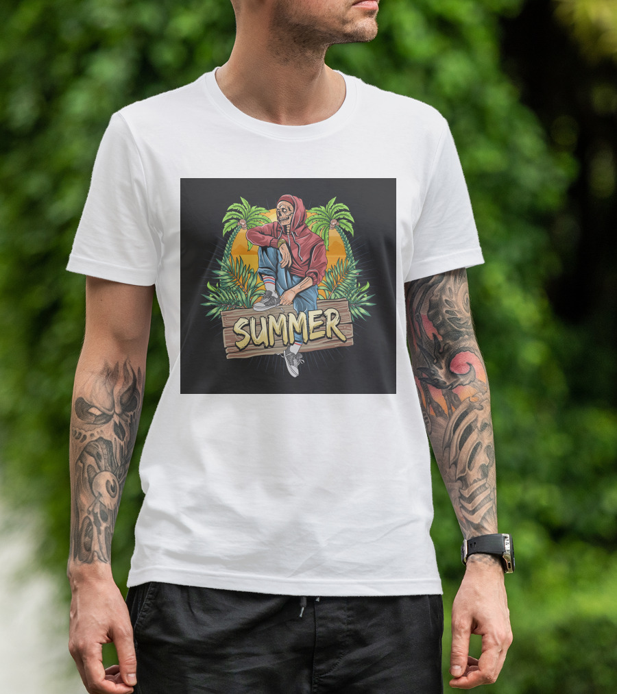 Skull Zombie Summer Tropical Vibes With Palm Trees And Sunset T-Shirt