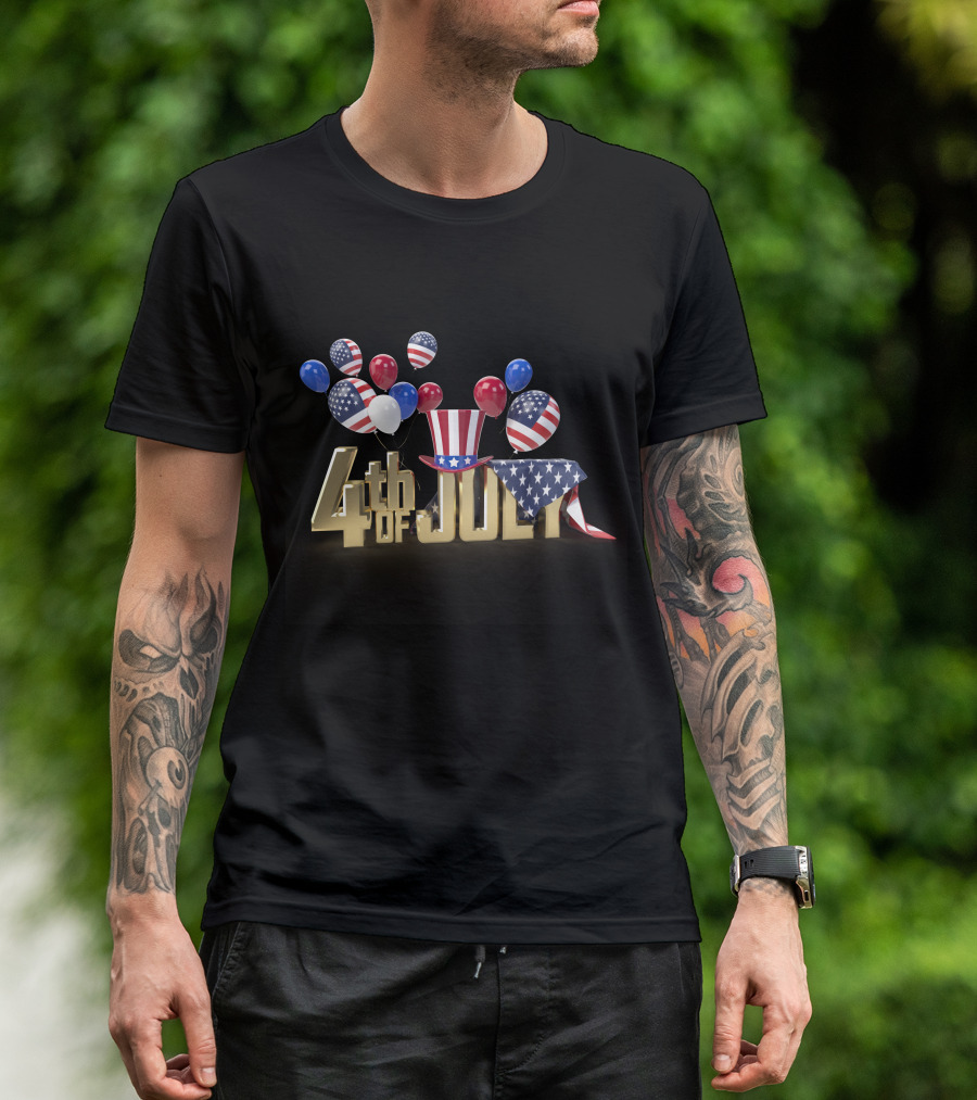 4th Of July American Celebration With Patriotic Balloons And Hat T-Shirt