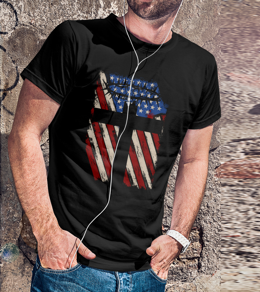 God Protect America American Flag Cross With Crown Of Thorns T-Shirt