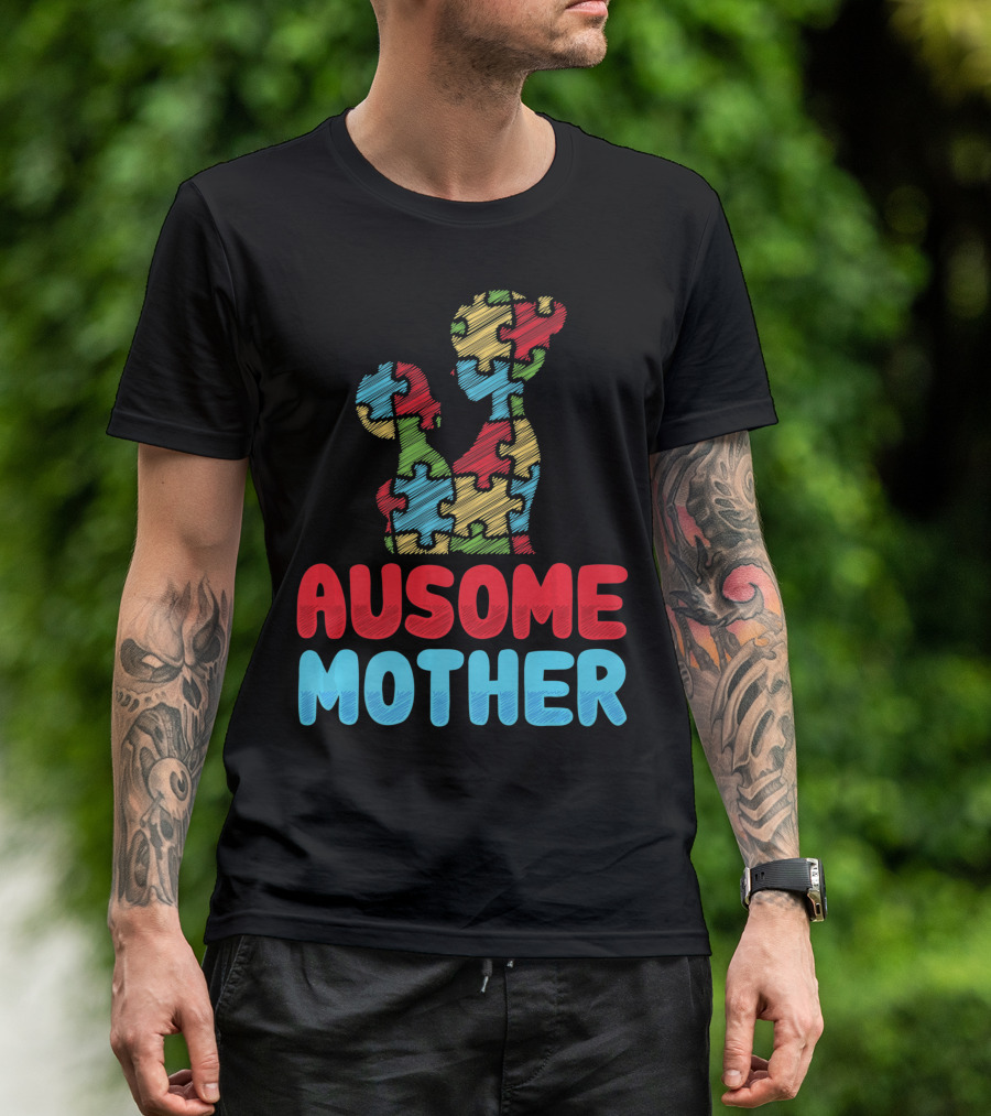 Ausome Mother Colorful Puzzle Piece Autism Awareness T-Shirt