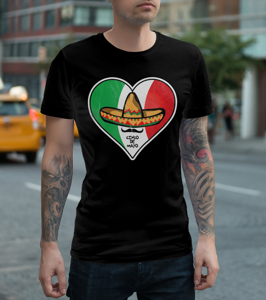 Cinco De Mayo Vintage Sombrero Heart Mexican Flag T-Shirt