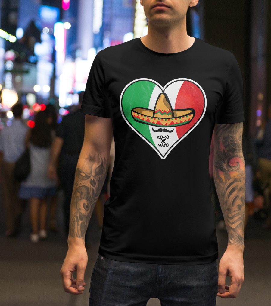 Cinco De Mayo Vintage Sombrero Heart Mexican Flag T-Shirt