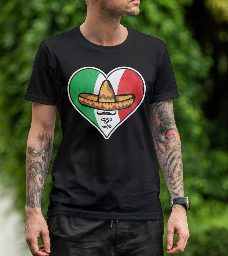 Cinco De Mayo Vintage Sombrero Heart Mexican Flag T-Shirt