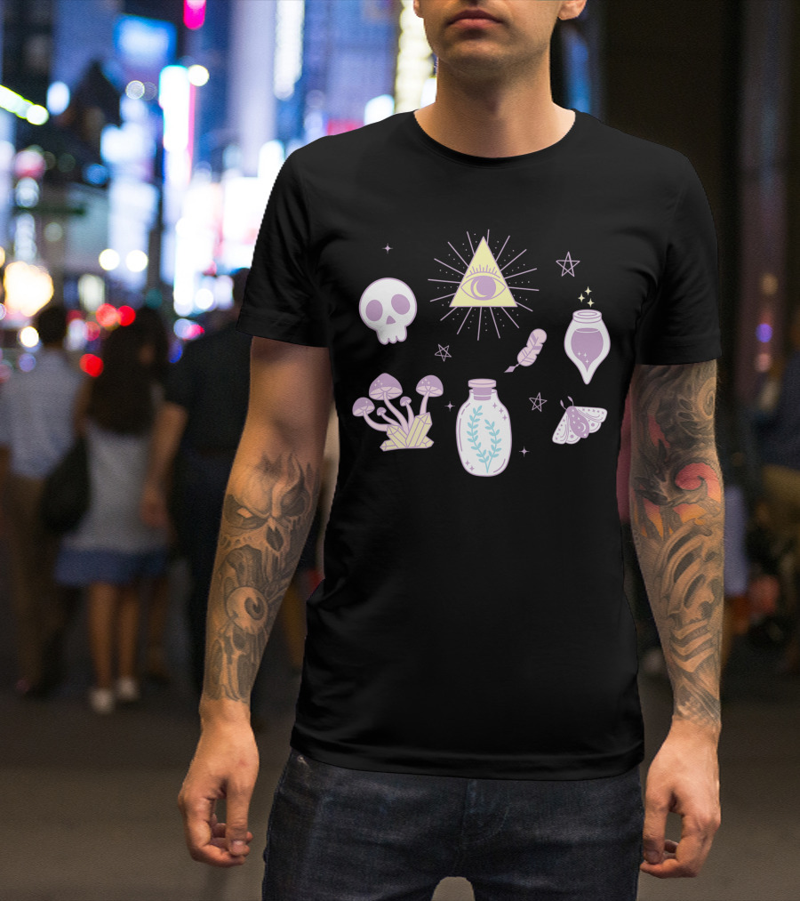 Cute Creepy Pastel Kawaii Goth Witch Aesthetic With Skull Pyramid Mushrooms And Potion Elements T-Shirt