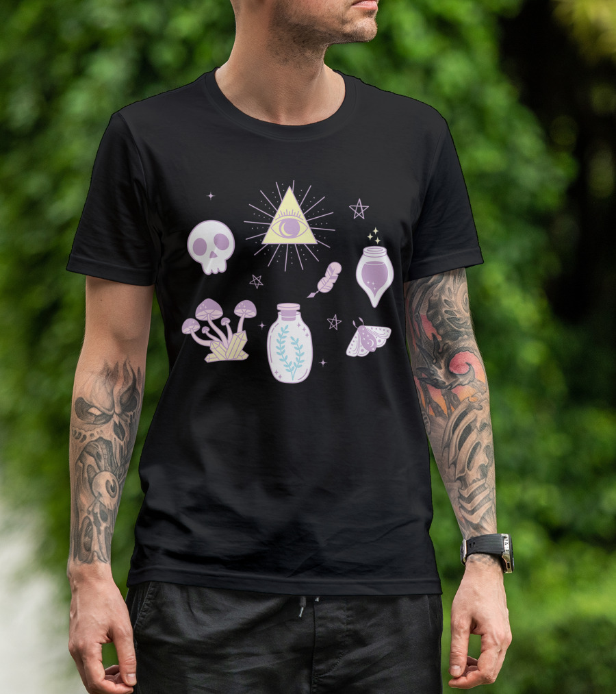 Cute Creepy Pastel Kawaii Goth Witch Aesthetic With Skull Pyramid Mushrooms And Potion Elements T-Shirt