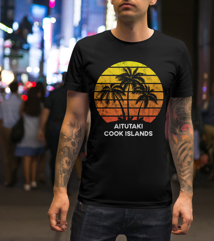 Aitutaki Cook Islands Sunset Palm Tree Vacation Beach Scene T-Shirt