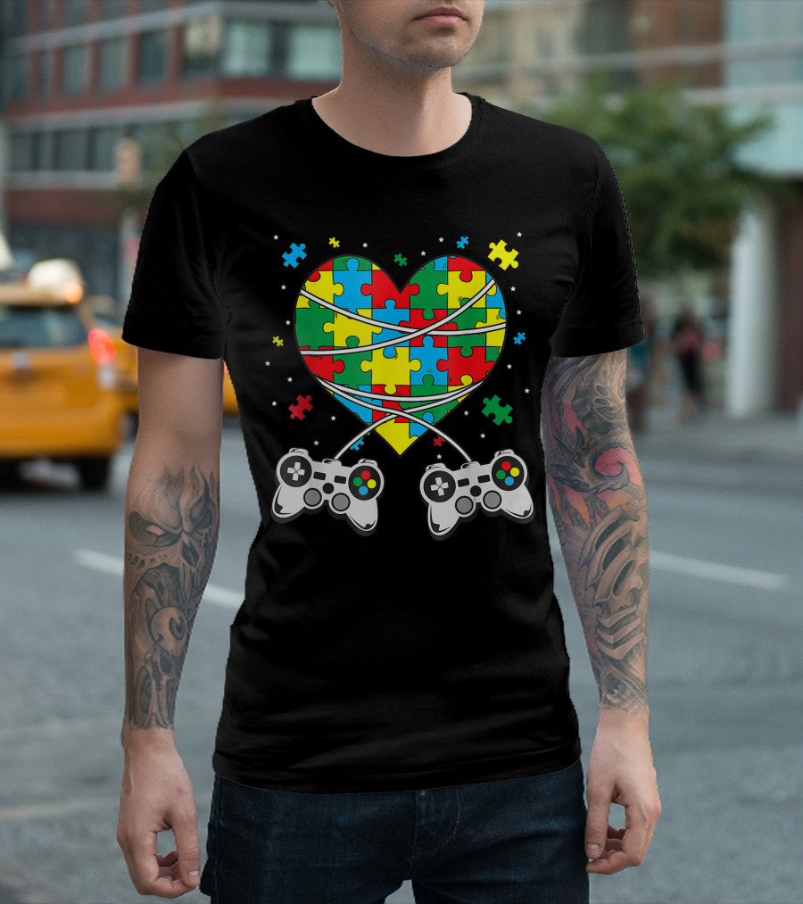 Boys Autism Awareness Month Puzzle Heart Video Game Controllers T-Shirt