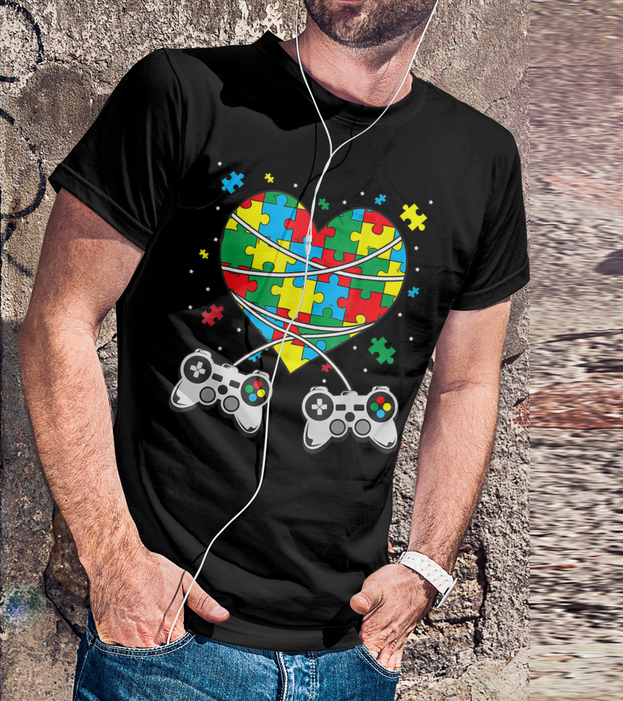 Boys Autism Awareness Month Puzzle Heart Video Game Controllers T-Shirt