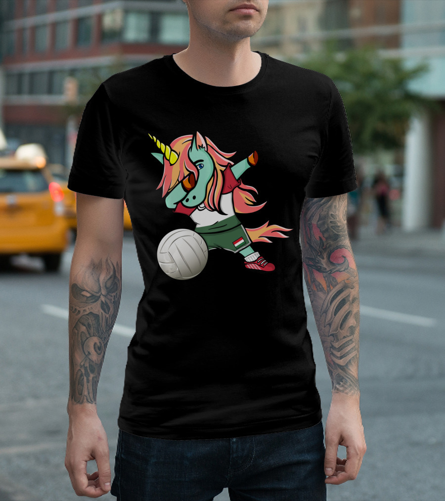 Dabbing Unicorn Hungarian Volleyball Lovers With Flag Jersey T-Shirt