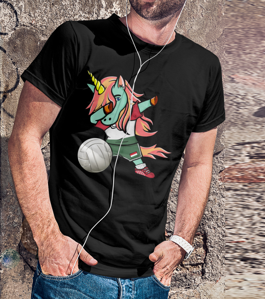 Dabbing Unicorn Hungarian Volleyball Lovers With Flag Jersey T-Shirt