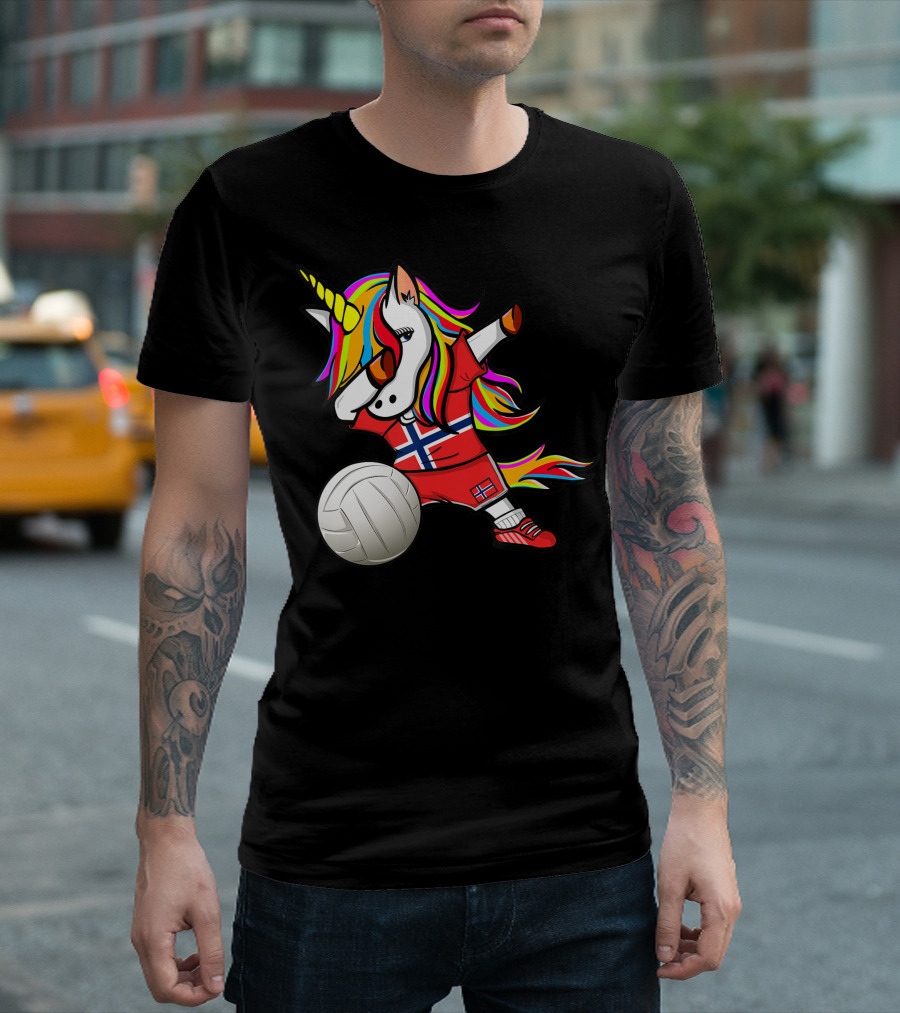 Dabbing Unicorn Norway Volleyball Fans Norwegian Flag Rainbow Jersey T-Shirt