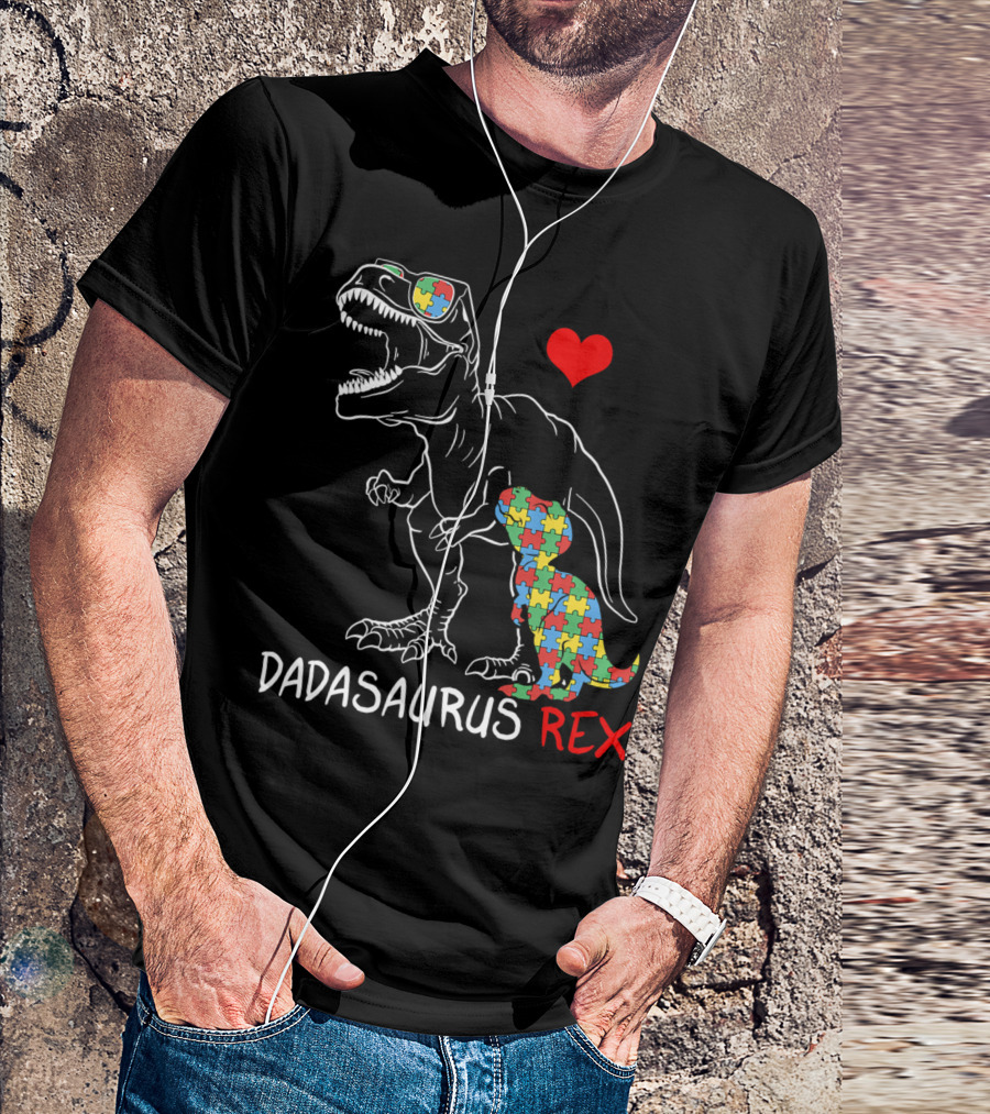 Dadasaurus Rex Heart Puzzle Autism Awareness Daddy T-Shirt