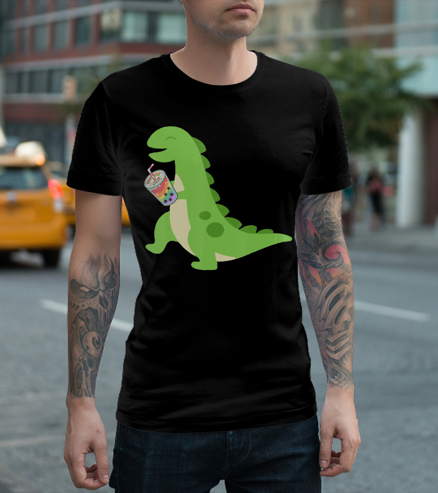 Dino Drinking Bubble Tea with Colorful Boba T-Shirt
