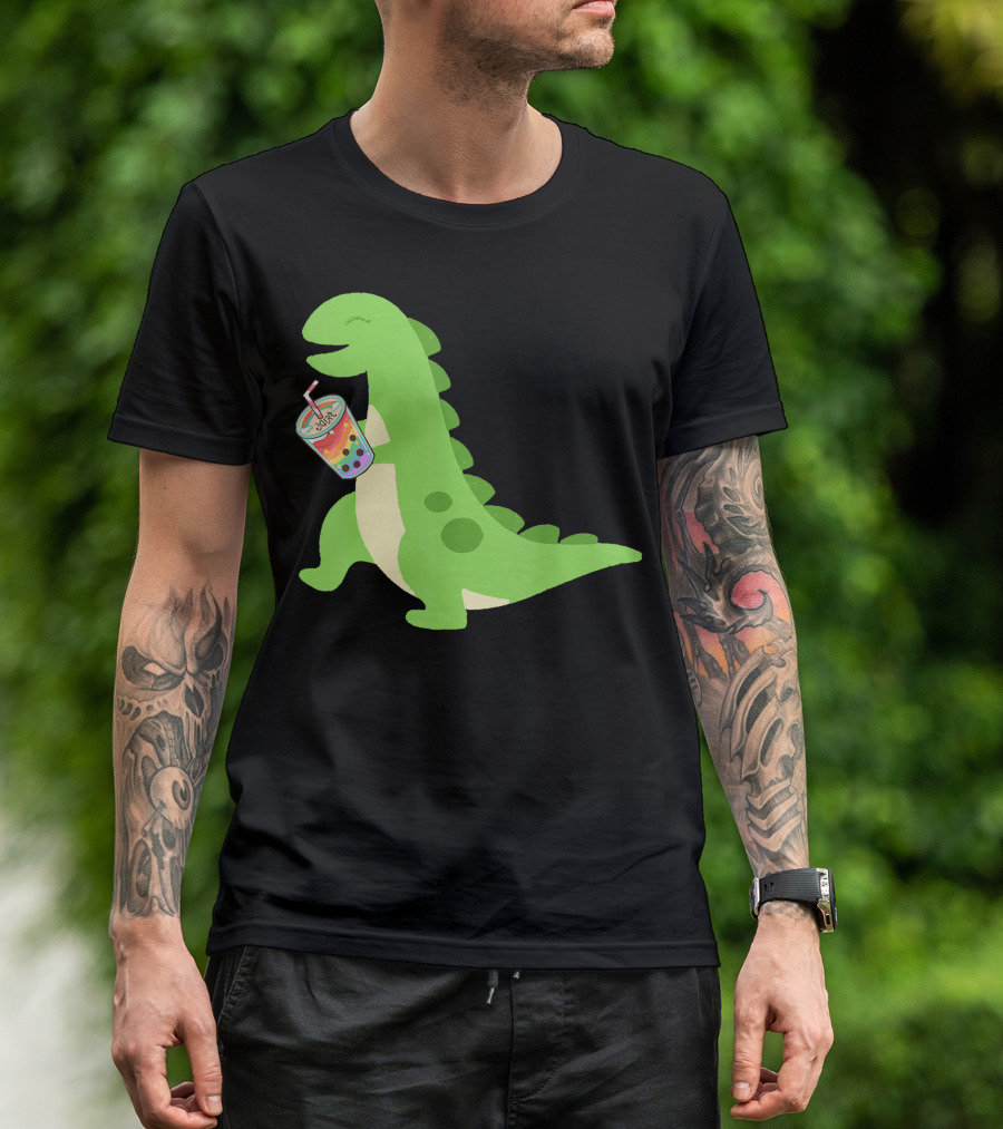 Dino Drinking Bubble Tea With Colorful Boba T-Shirt
