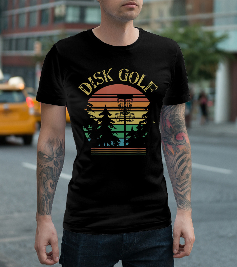 Disk Golf Sunset Forest Basket Scene T-Shirt