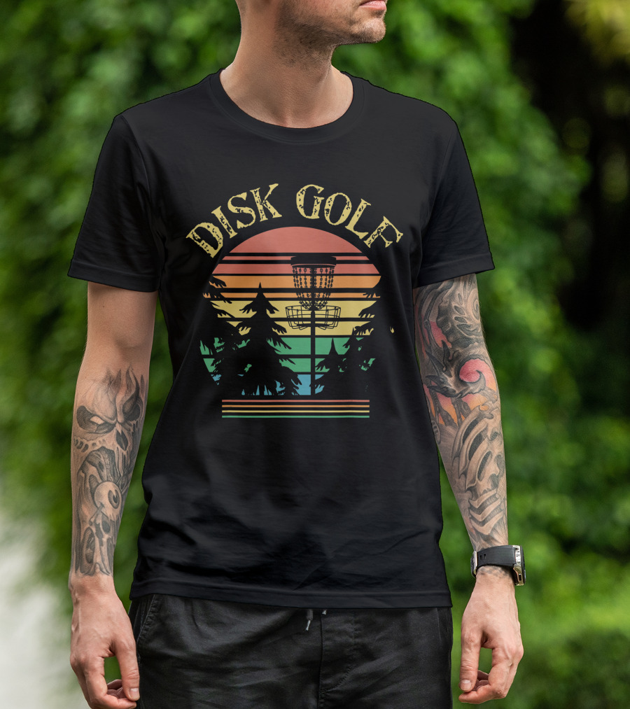 Disk Golf Sunset Forest Basket Scene T-Shirt