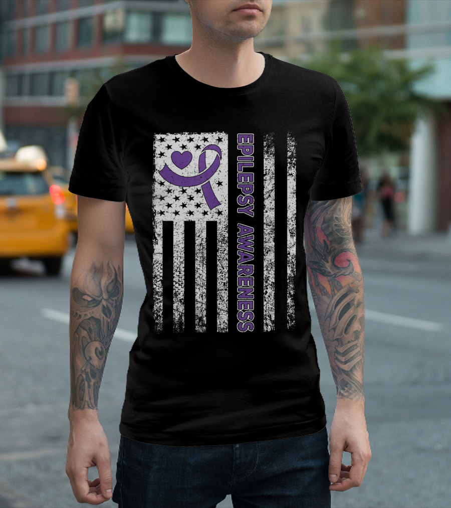 Epilepsy Awareness Flag Purple Ribbon Heart Warrior T-Shirt