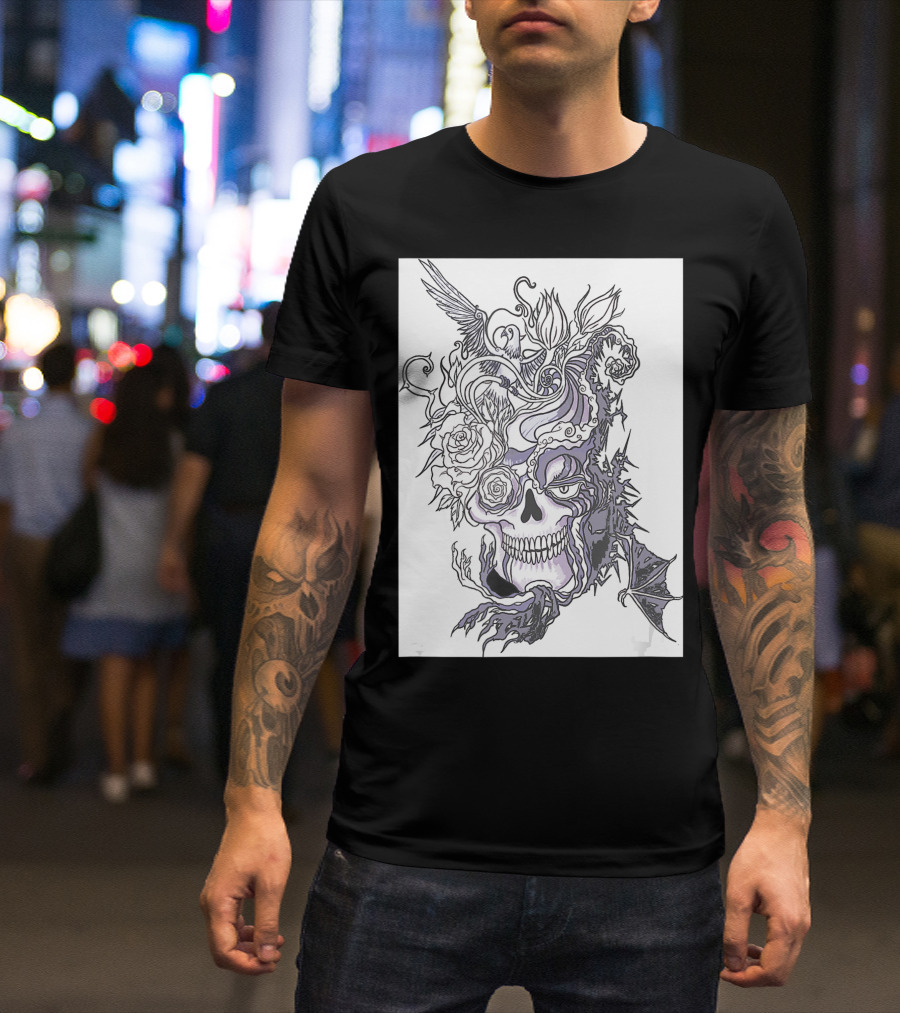 Evil Skull Bat Rose Wing T-Shirt