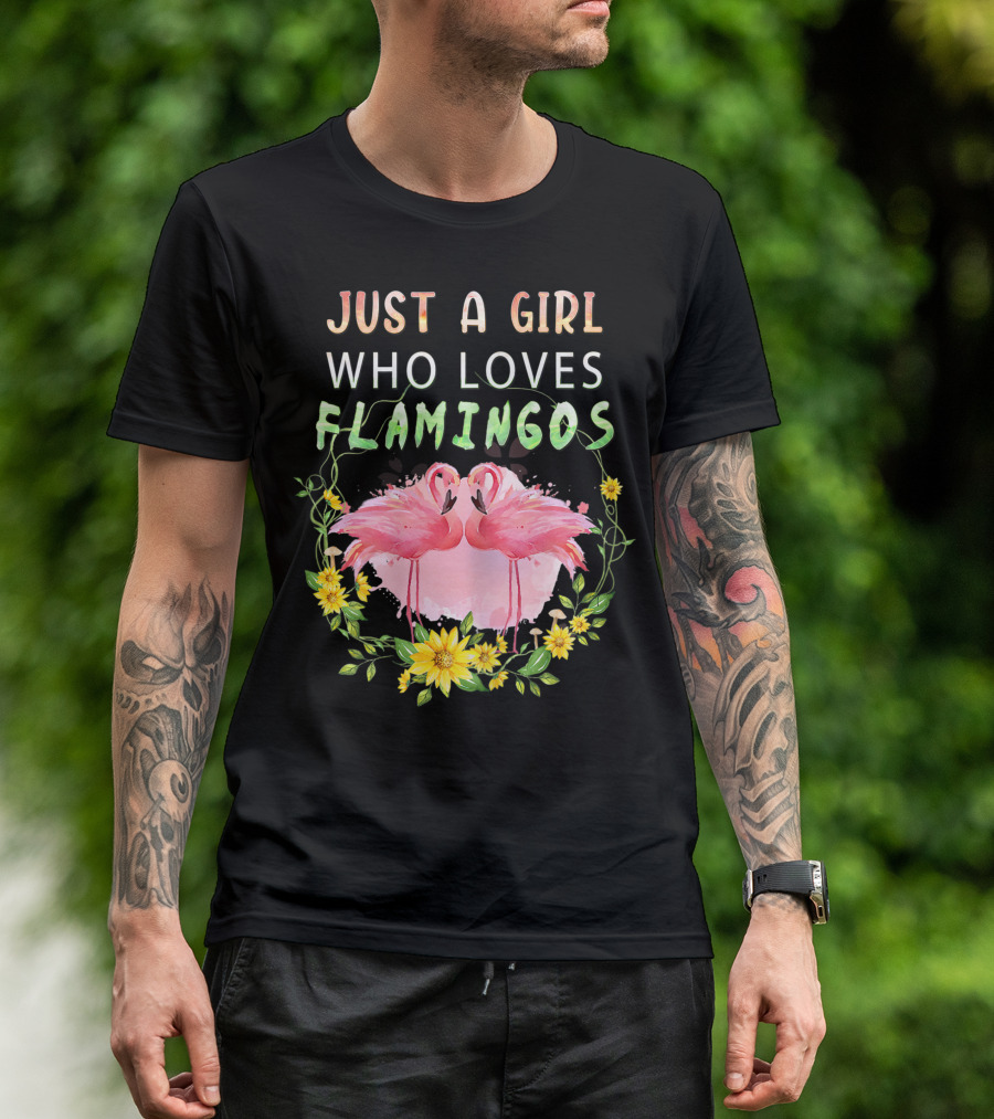Just A Girl Who Loves Flamingos With Pink Flamingo Pair And Yellow Flowers T-Shirt