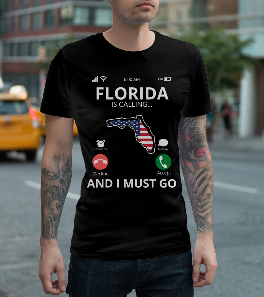 Florida Is Calling And I Must Go American Flag Florida Map T-Shirt