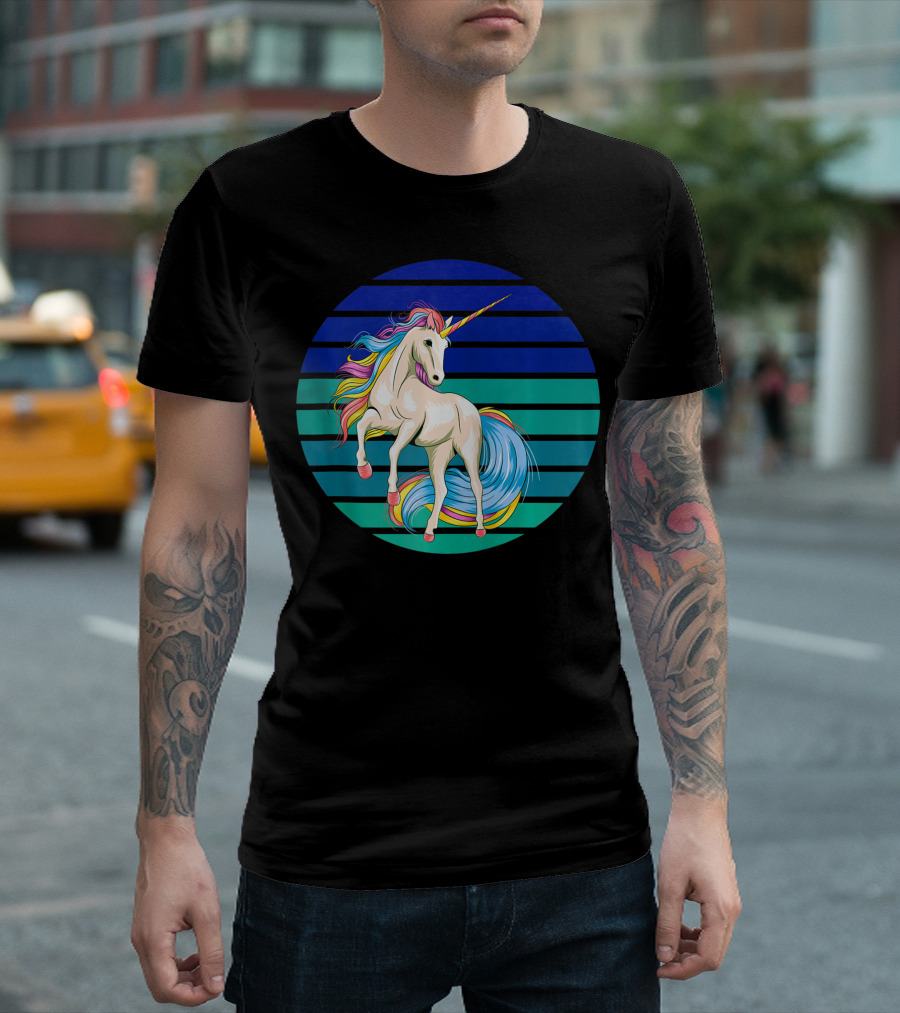 Girls Unicorn Rainbow Striped Sunset T-Shirt