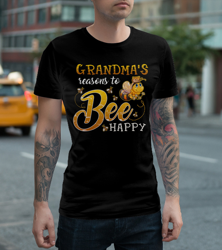 Grandma's Reasons to Bee Happy with Cute Cartoon Bee and Swarm T-Shirt