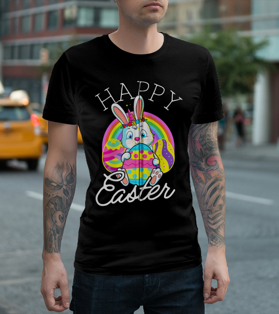 Happy Easter Unicorn Bunny Rabbit Eggs Rainbow Cute Kids Girls Women T-Shirt