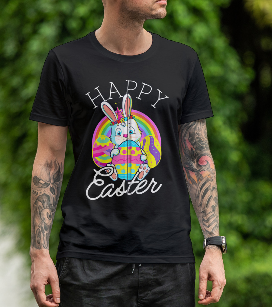 Happy Easter Unicorn Bunny Rabbit Eggs Rainbow Cute Kids Girls Women T-Shirt