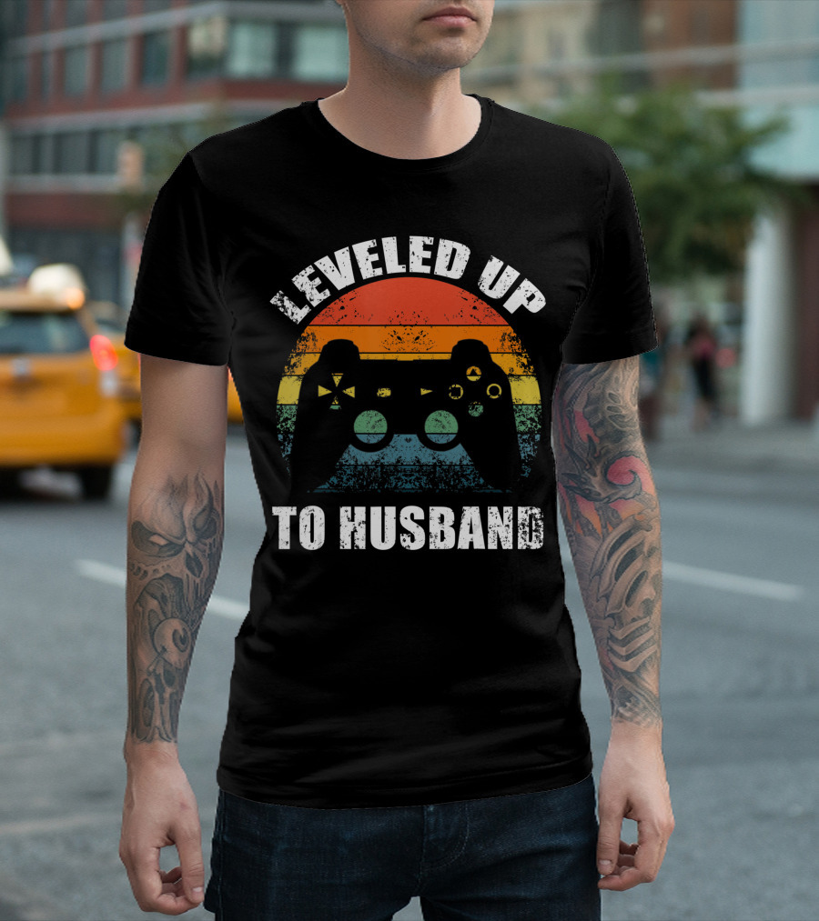 Leveled Up to Husband Retro Video Game Controller Wedding Announcement T-Shirt