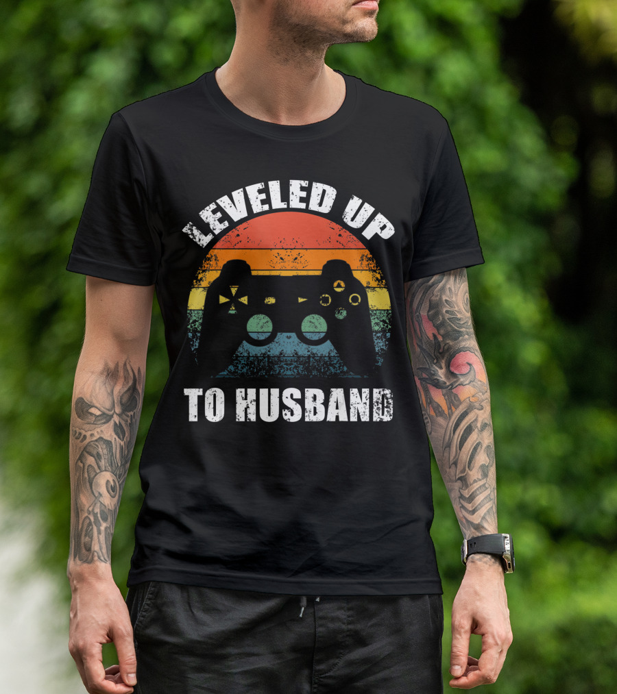 Leveled Up To Husband Retro Video Game Controller Wedding Announcement T-Shirt