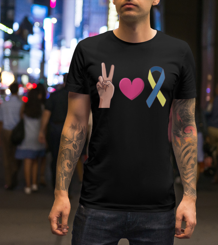 Peace Love Down Syndrome Awareness Blue Yellow T-Shirt