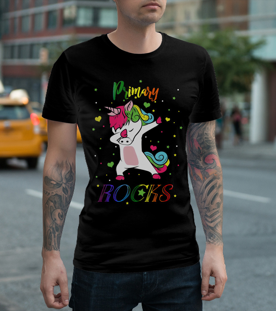 Primary Rocks Colorful Dabbing Unicorn With Hearts And Stars T-Shirt