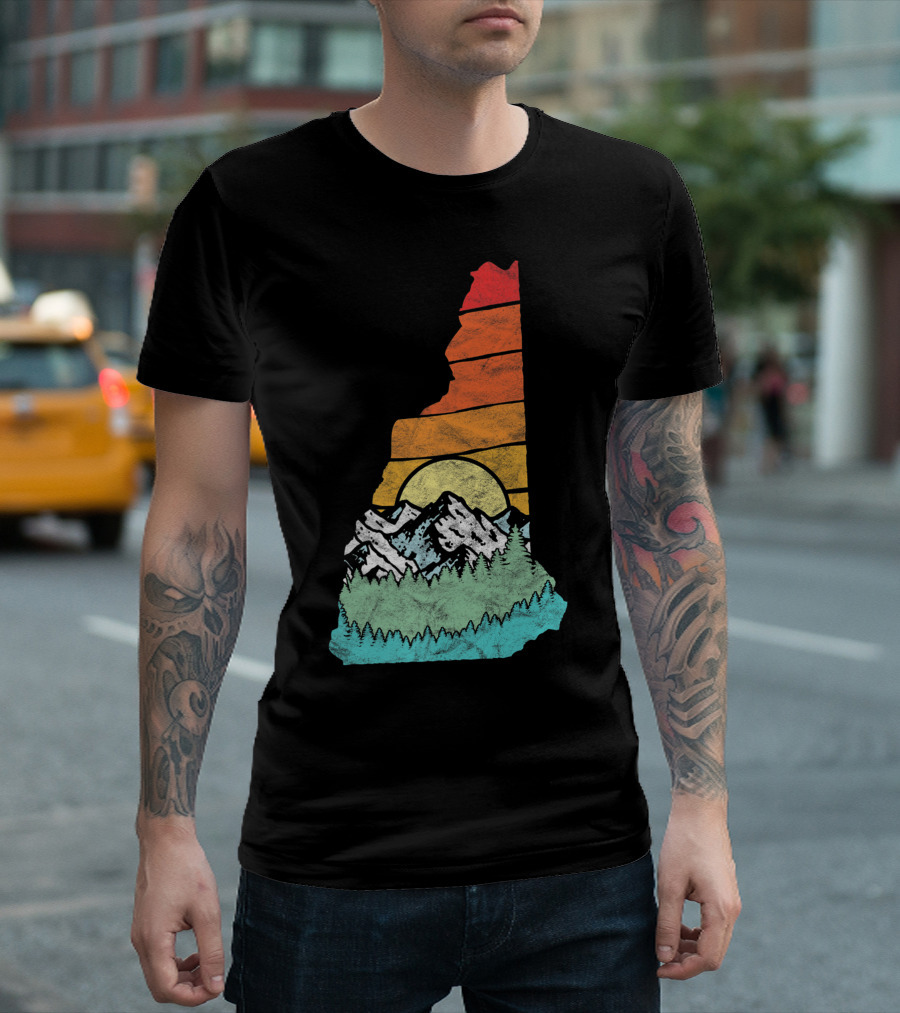 Retro New Hampshire State Outline with Mountains and Forest Sunset T-Shirt