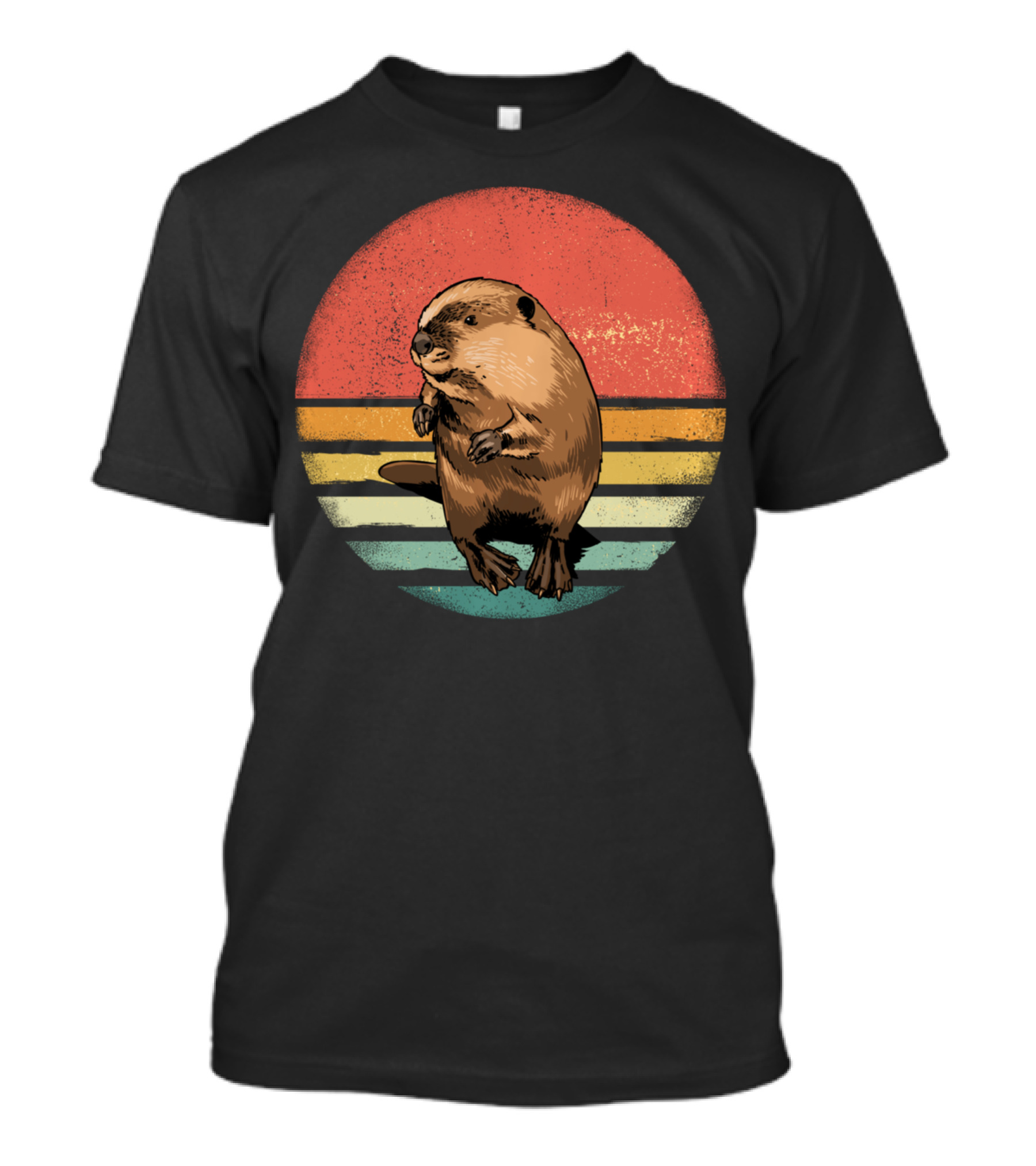 Retro Vintage Castor Nature Lover With Striped Sunset Circle T-Shirt