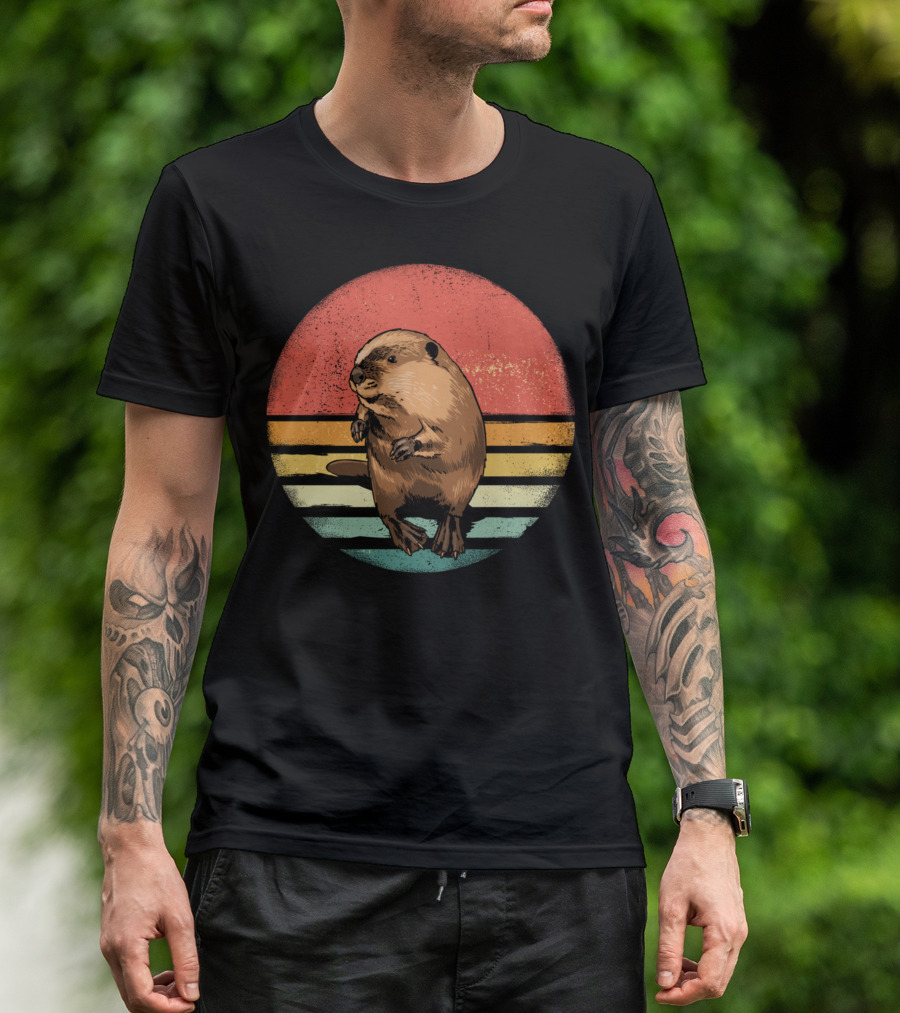 Retro Vintage Castor Nature Lover With Striped Sunset Circle T-Shirt