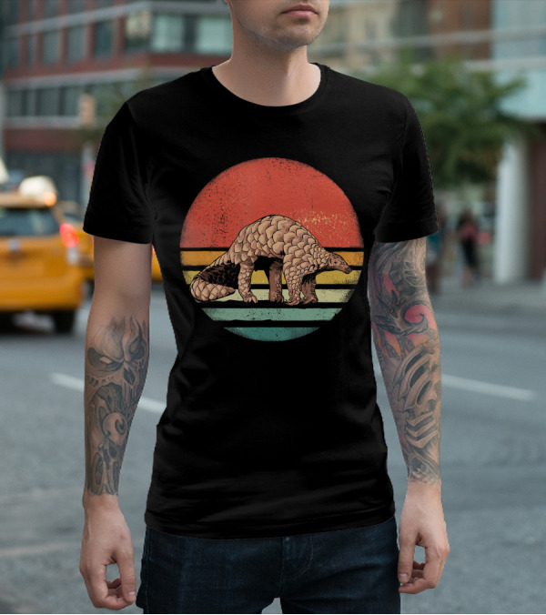 Retro Vintage Pangolin Nature Lover Sunset Stripes T-Shirt