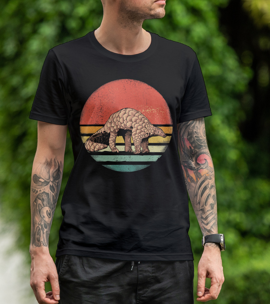 Retro Vintage Pangolin Nature Lover Sunset Stripes T-Shirt