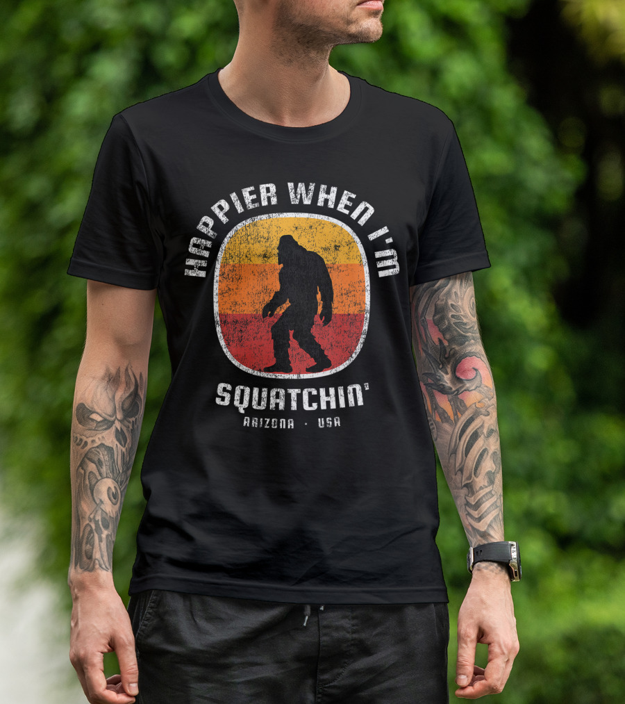 Happier When I'm Squatchin' Arizona USA Sasquatch Silhouette Retro Stripes T-Shirt