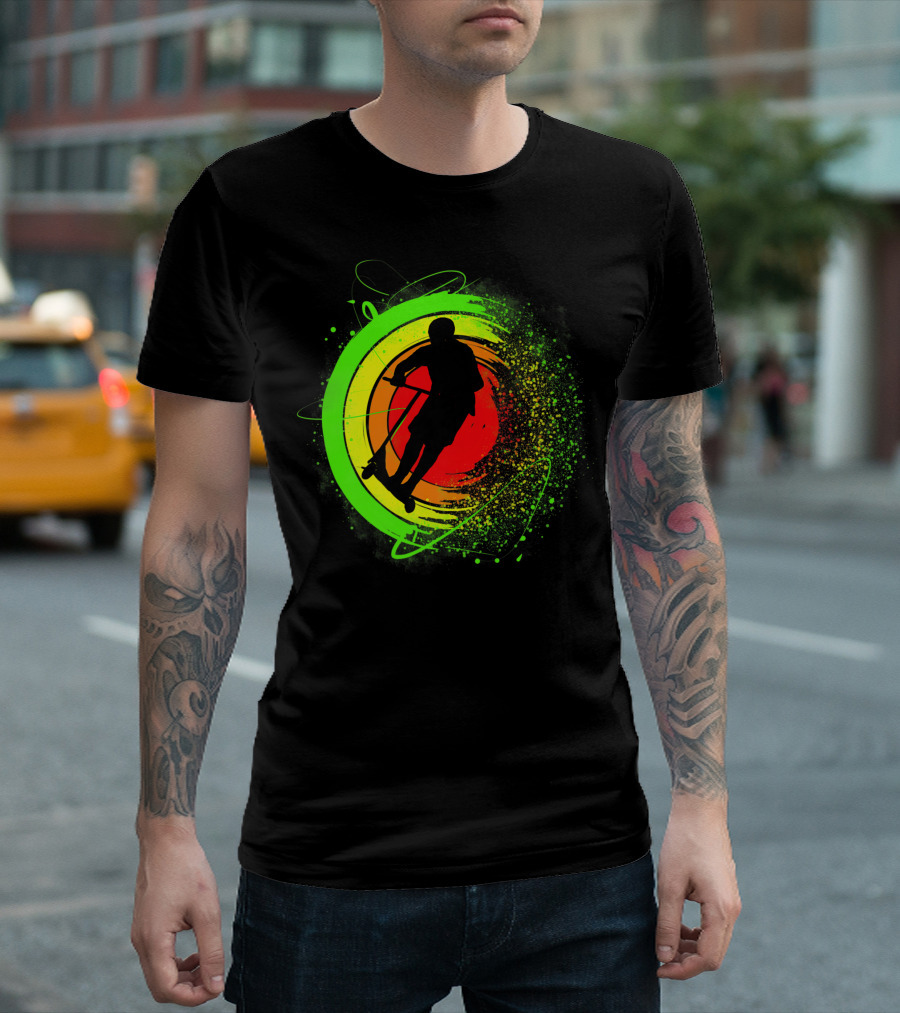 Scooter Stunt Action Silhouette In Vivid Circular Splash T-Shirt