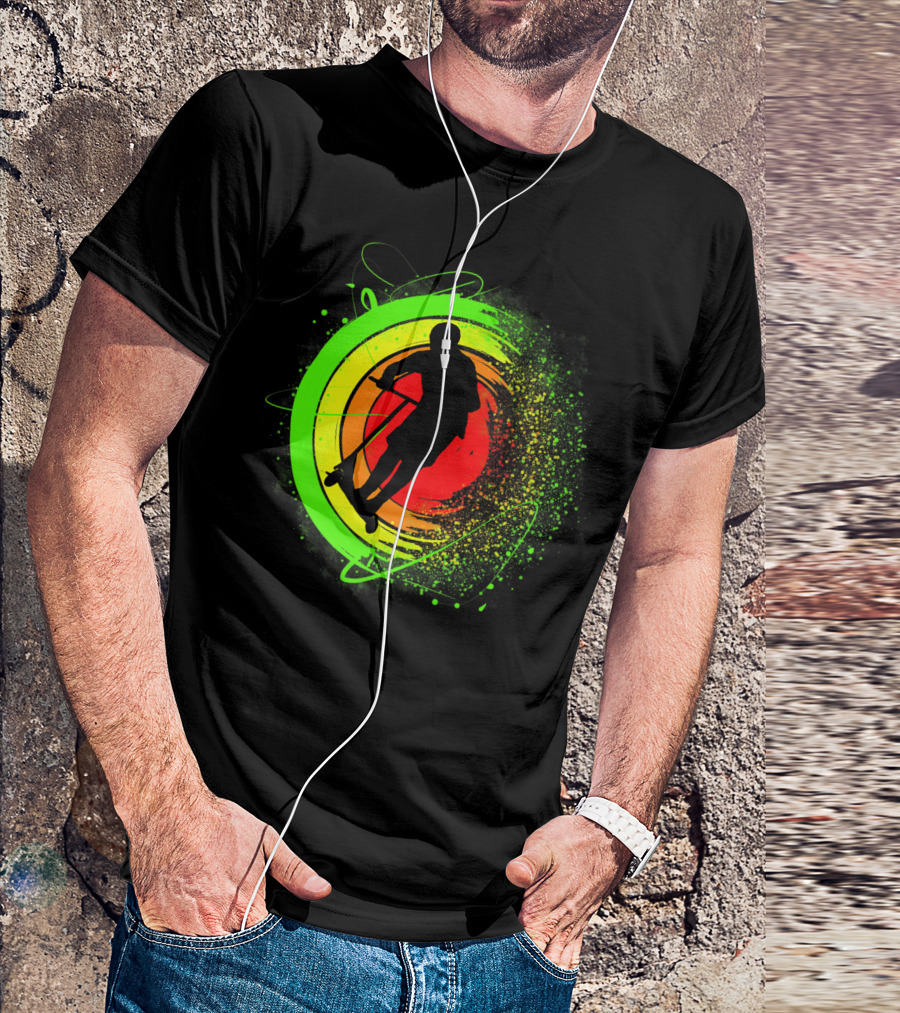 Scooter Stunt Action Silhouette In Vivid Circular Splash T-Shirt