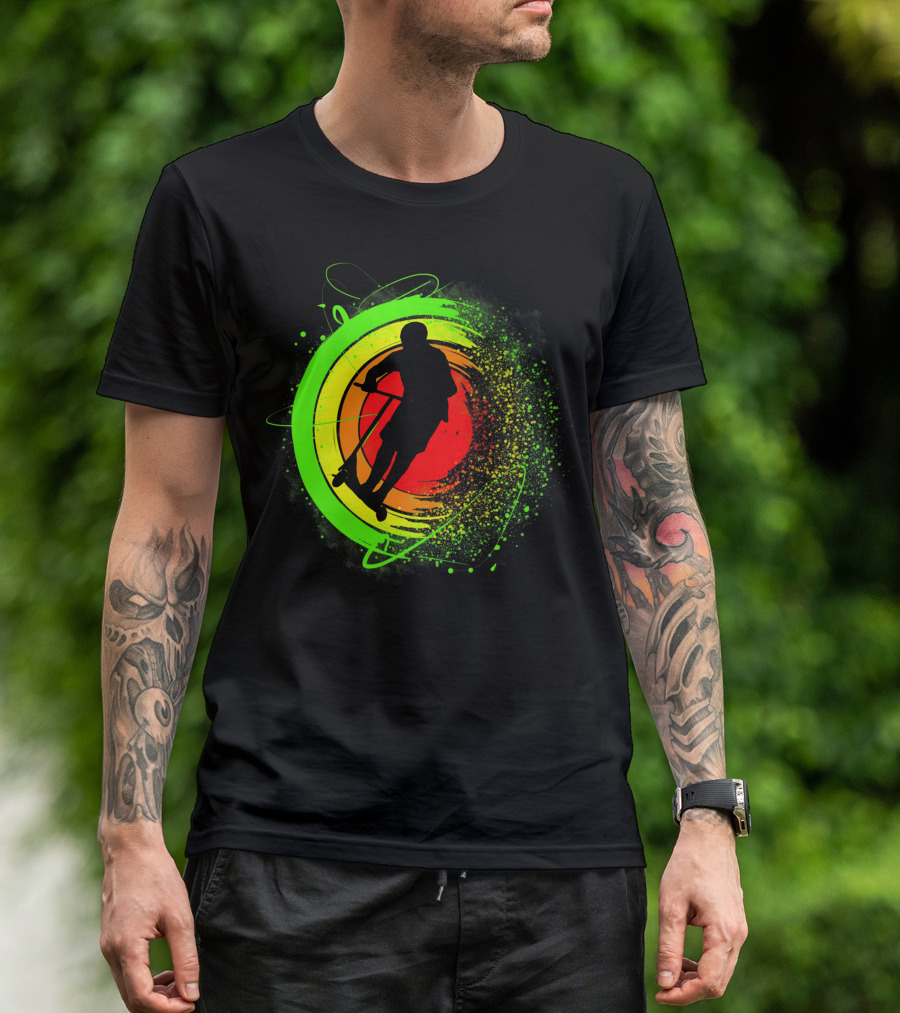 Scooter Stunt Action Silhouette In Vivid Circular Splash T-Shirt