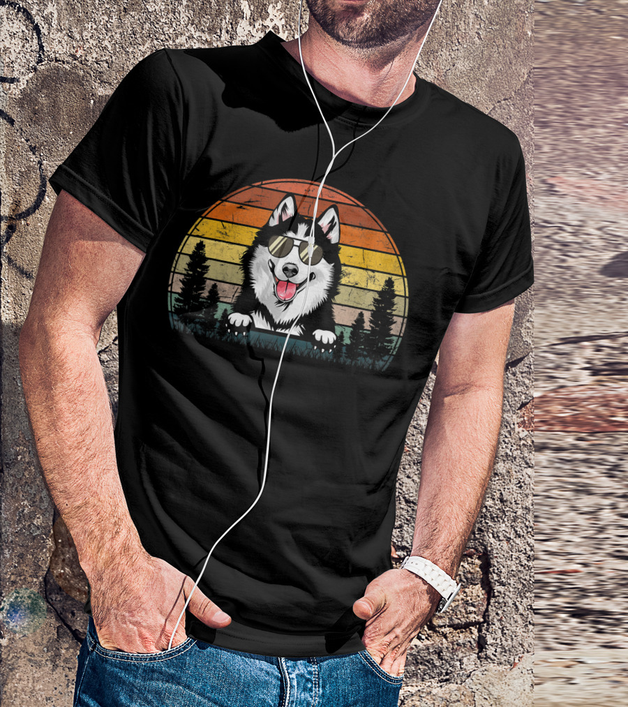 Siberian Husky Dog Xmas Retro Sunset Sunglasses T-Shirt