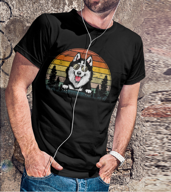 Siberian Husky Dog Xmas Retro Sunset Sunglasses T-Shirt