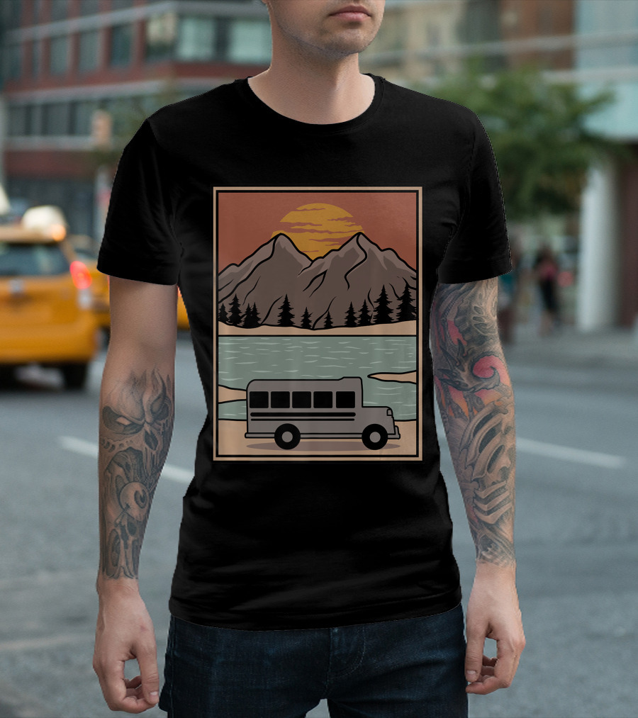 Vintage Skoolie Bus Conversion Scenic Mountain Lake Sunset T-Shirt