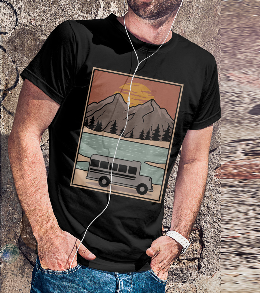 Vintage Skoolie Bus Conversion Scenic Mountain Lake Sunset T-Shirt